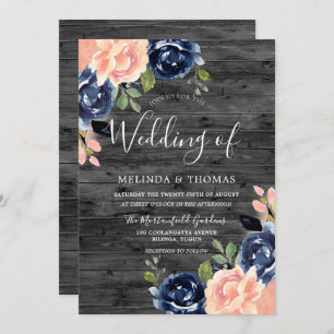 Invitation Rustic Charcoal Blush & Navy Blue Flowers Mariage