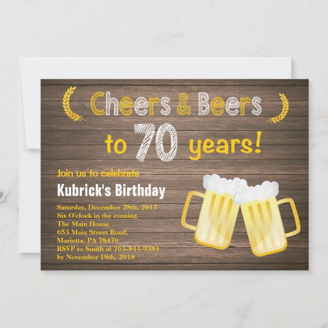 Invitation Rustic Cheers and Beers 70e anniversaire Invitatio (Devant)