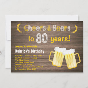 Invitation Rustic Cheers and Beers 80e anniversaire Invitatio