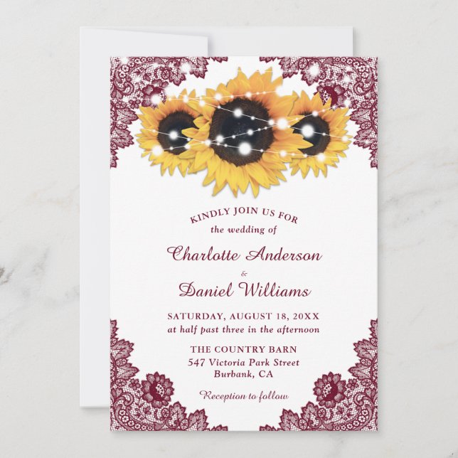 Invitation Rustic Chic Burgundy Lace Sunflower Wedding (Devant)