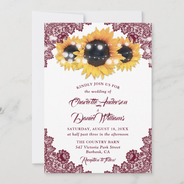 Invitation Rustic Chic Burgundy Lace Sunflower Wedding (Devant)