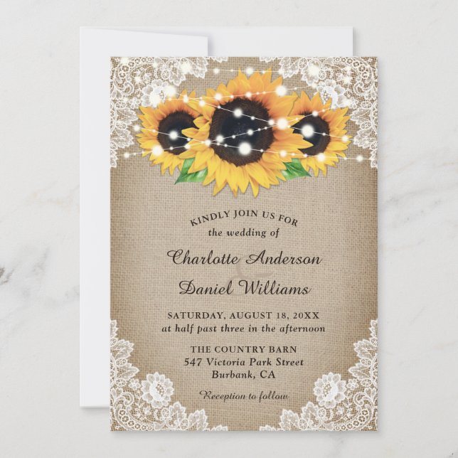 Invitation Rustic Chic Burlap et Mariage de tournesol de dent (Devant)