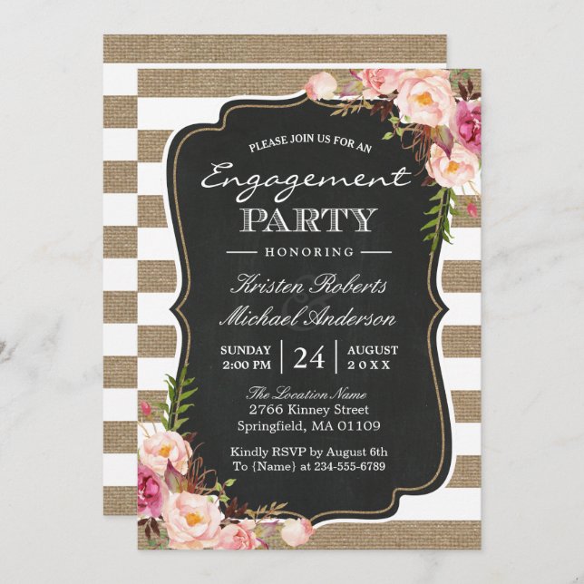 Invitation Rustic Chic Burlap Stripes Floral Engagement Party (Devant / Derrière)