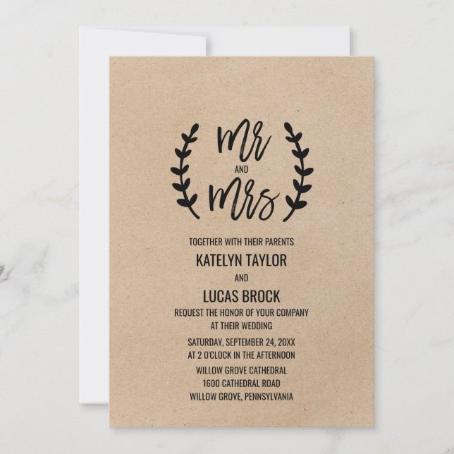 Invitation Rustic Chic Faux Kraft M & Mme la Mariage (Devant)