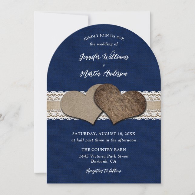 Invitation Rustic Chic Navy Bleu Burlap Coeurs dentelle Maria (Devant)