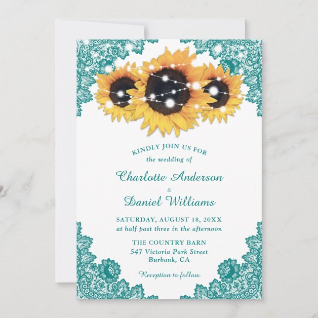 Invitation Rustic Chic Turquoise Lace Mariage de tournesol (Devant)