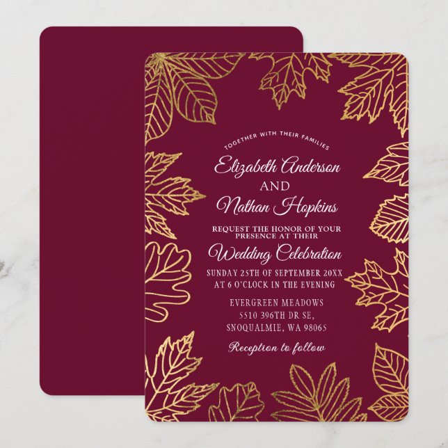 Invitation Rustic Classy Gold Cranberry Automne Feuilles Mari (Devant / Derrière)
