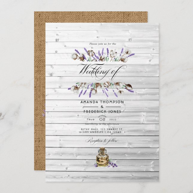 Invitation Rustic Cotton Lavender Pays Barre Mariage Photo (Devant / Derrière)