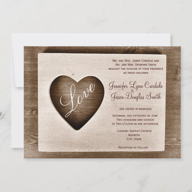Invitation Rustic Country Barn Wood Love Coeur Wedding Invita (Devant)