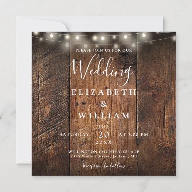 Invitation Rustic Country Barn Wood String Lights Wedding (Devant)