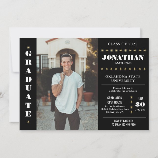 Invitation Rustic Country Black Gold Photo Graduation (Devant)