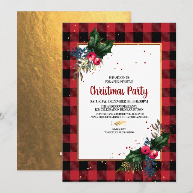 Invitation Rustic Country Buffalo Check Christmas Party (Devant / Derrière)