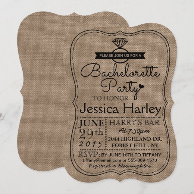 Invitation Rustic Country Burlap Bachelorette Party (Devant / Derrière)