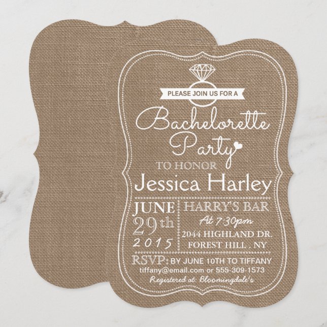 Invitation Rustic Country Burlap Bachelorette Party (Devant / Derrière)