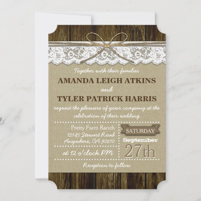 Invitation Rustic Country Burlap et dentelle mariage invitati (Devant)