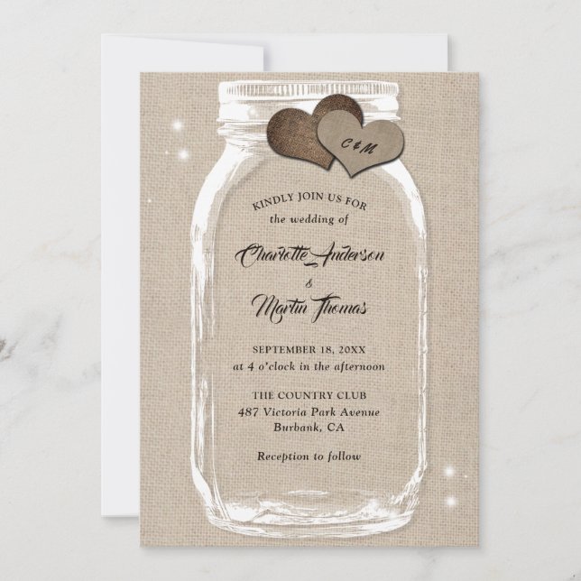 Invitation Rustic Country Burlap Hearts Mason Jar Mariage (Devant)