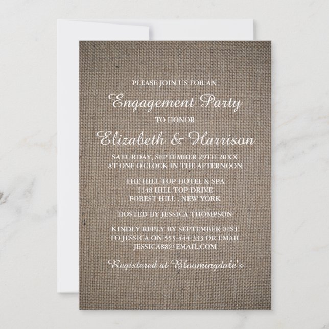 Invitation Rustic Country Burlap Partie d'engagement ou douch (Devant)