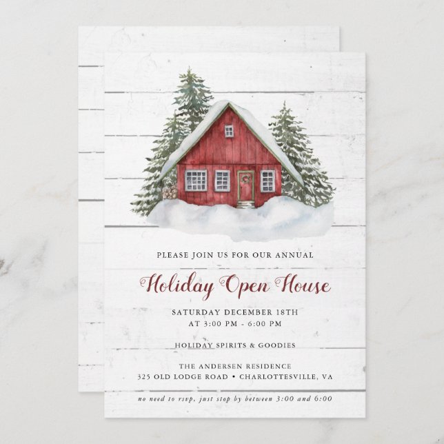 Invitation Rustic Country Cabine Holiday Open House Invitatio (Devant / Derrière)