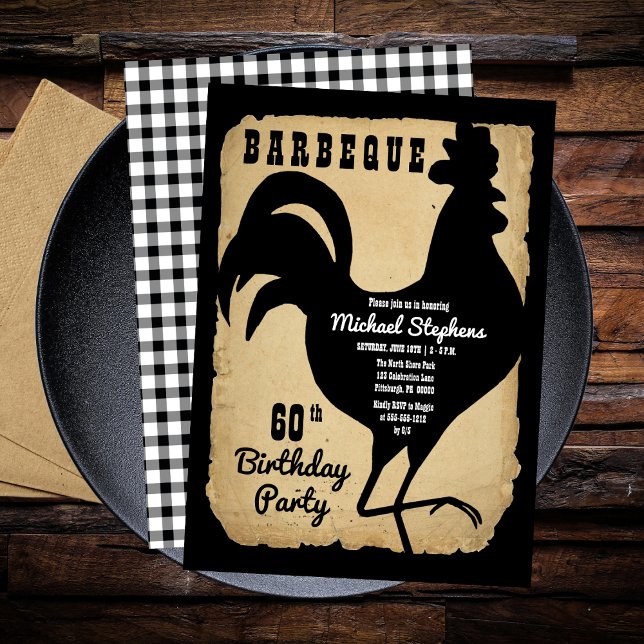 Invitation Rustic Country Chicken BBQ 60e fête d'anniversaire (Rustic Country Rooster Chicken BBQ 60th Birthday Party Invitation)