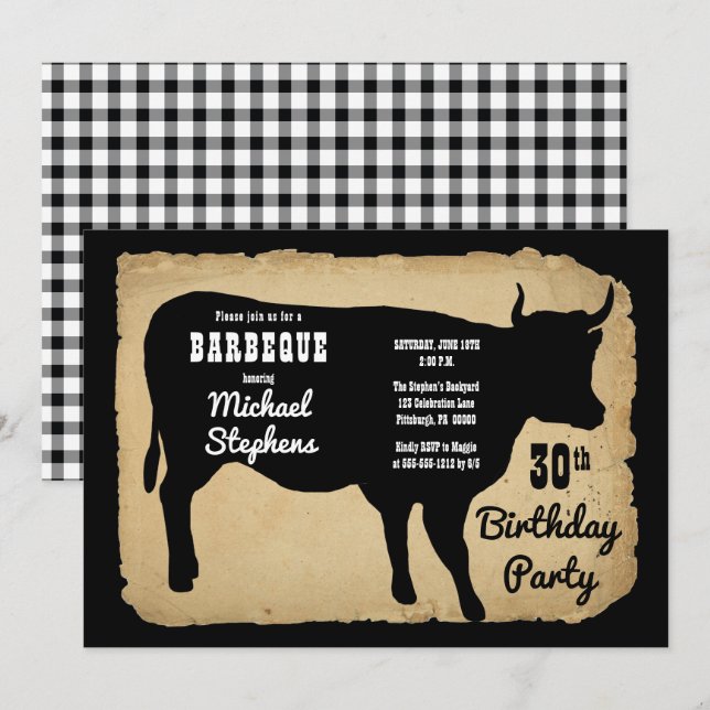 Invitation Rustic Country Cow 30th Birthday Party Barbeque (Devant / Derrière)