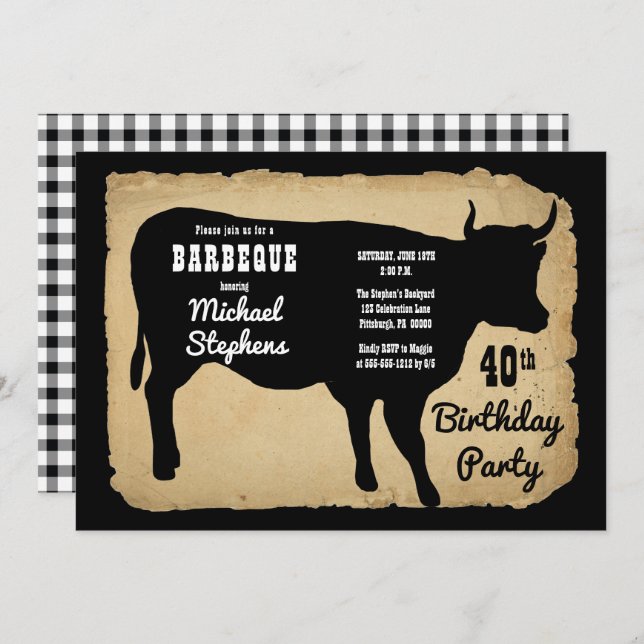 Invitation Rustic Country Cow 40th Birthday Party Barbeque (Devant / Derrière)