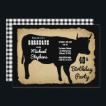 Invitation Rustic Country Cow 40th Birthday Party Barbeque<br><div class="desc">Style rustique ferme avec aspect vieilli,  déchirée en papier et des chèques de buffle noir et blanc comme arrière - plans pour une silhouette de vache noire "BARBEQUE" Design de fête d'anniversaire par Holiday Hearts Designs (droits réservés).</div>