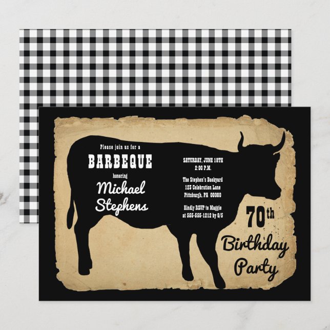 Invitation Rustic Country Cow 70e Anniversaire de fête Barbeq (Devant / Derrière)