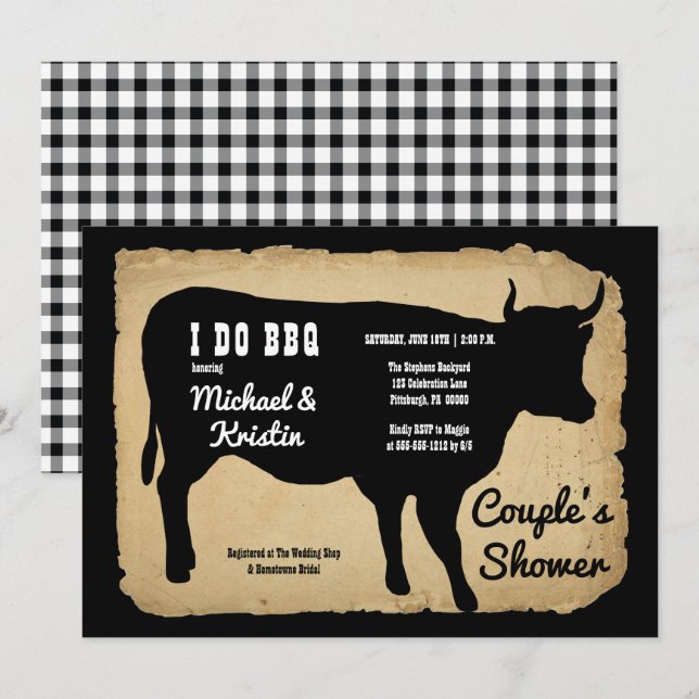 Invitation Rustic Country Cow Couple's Shower I DO BBQ (Devant / Derrière)