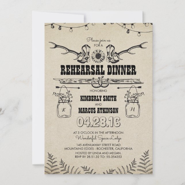 Invitation Rustic Country Cowboy Bottes Dîner De Répétition (Devant)