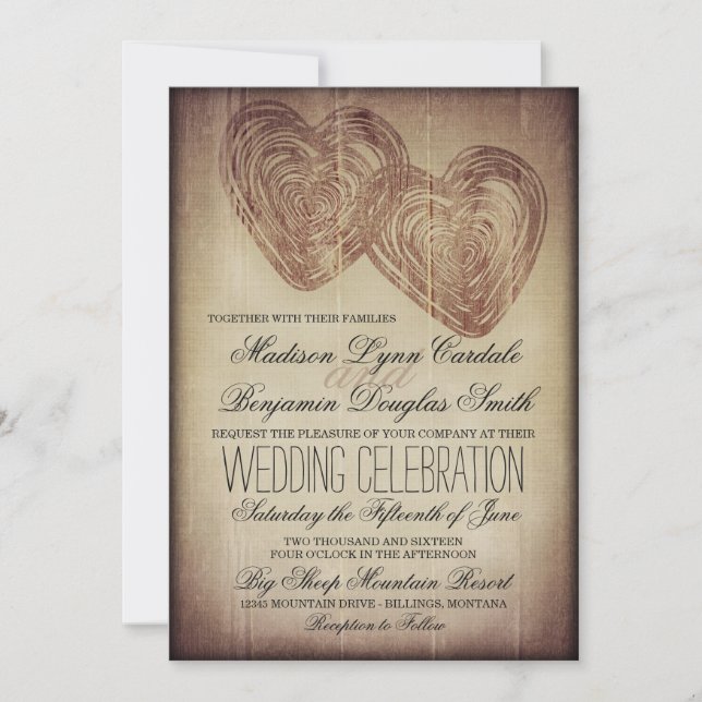 Invitation Rustic Country Double Coeurs Wood Wedts Invite (Devant)