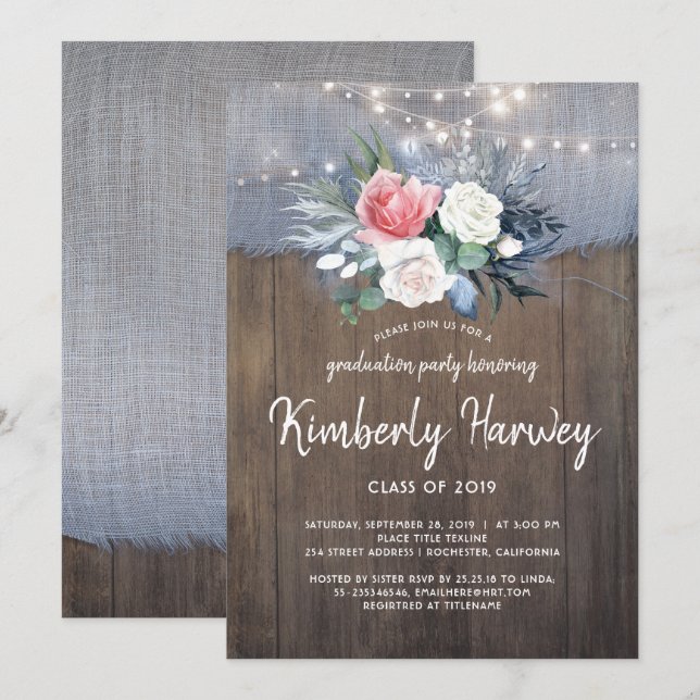 Invitation Rustic Country Dusty Blue Floral 2019 Graduation (Devant / Derrière)