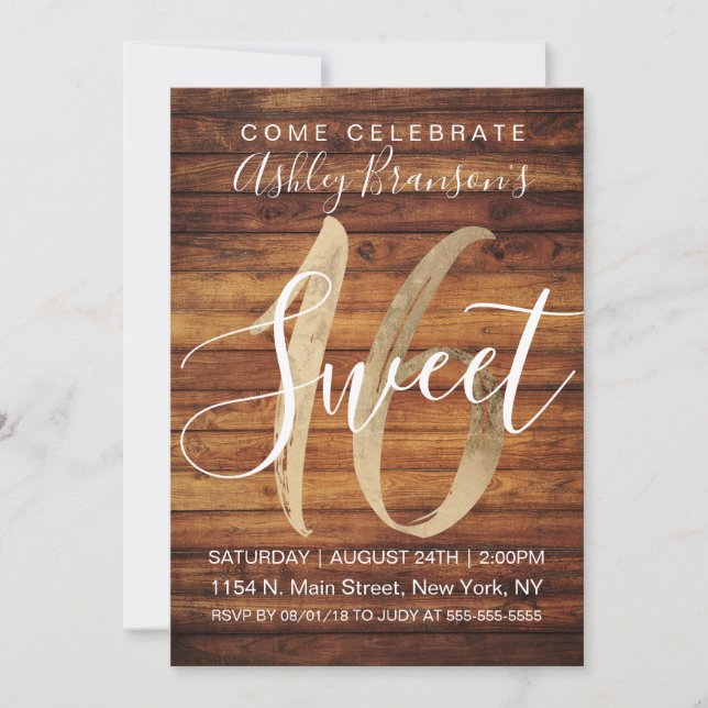 Invitation Rustic Country Faux Gold Foil Wood Sweet 16 (Devant)