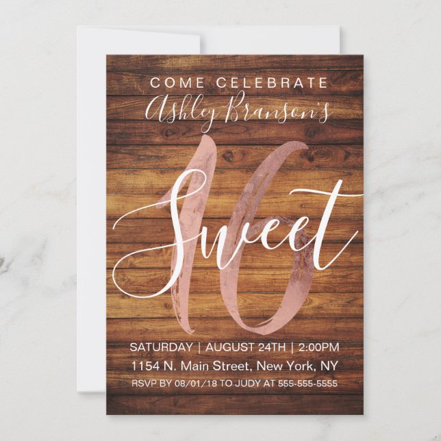 Invitation Rustic Country Faux Rose Gold Foil Wood Sweet 16 (Devant)