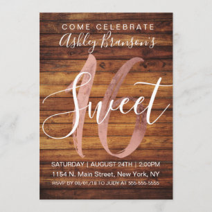 Invitation Rustic Country Faux Rose Gold Foil Wood Sweet 16