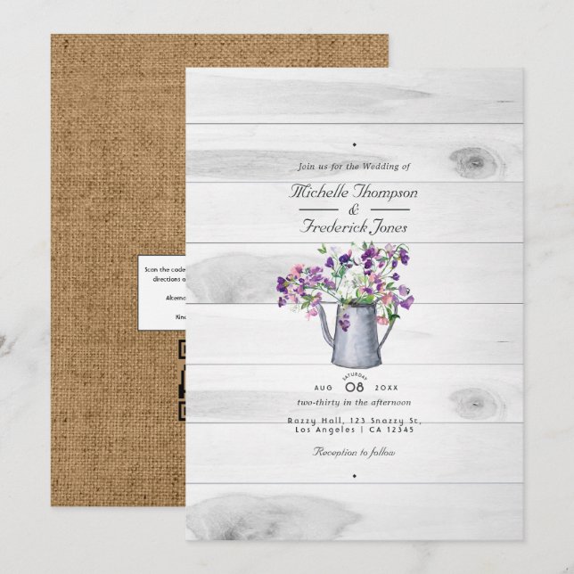 Invitation Rustic Country Garden Floral QR Code RSVP Mariage (Devant / Derrière)