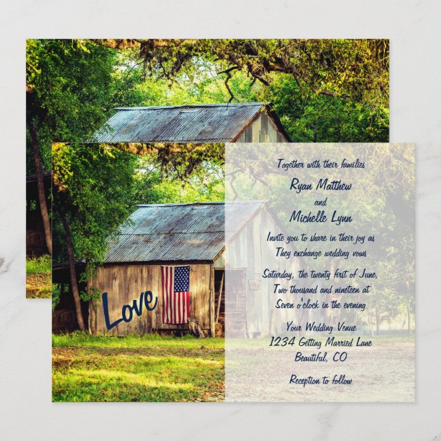 Invitation Rustic Country Grange American Flag Wedding Invita (Devant / Derrière)