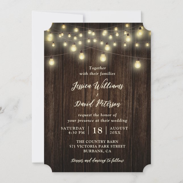 Invitation Rustic Country Grange Bois Chaîne Lumière Mariage (Devant)