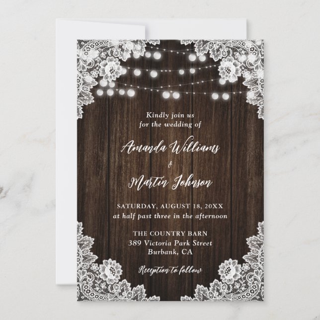 Invitation Rustic Country Grange Bois Floral Mariage dentelle (Devant)