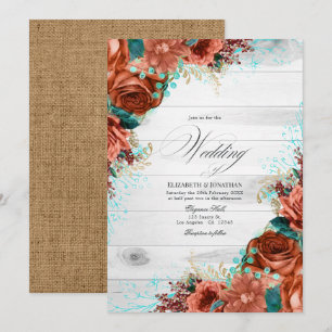 Invitation Rustic Country Grange Coral et Turquoise Floral Ma
