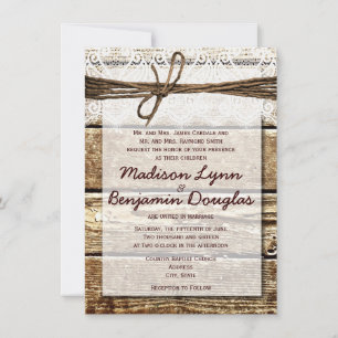 Invitation Rustic Country Grange Dentelle en bois de bois Inv