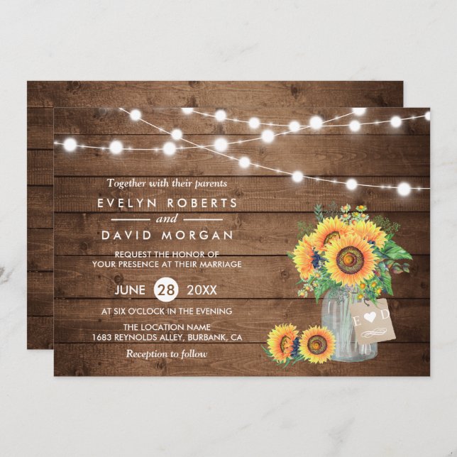 Invitation Rustic Country Grange Lumières Sunflower Mariage (Devant / Derrière)