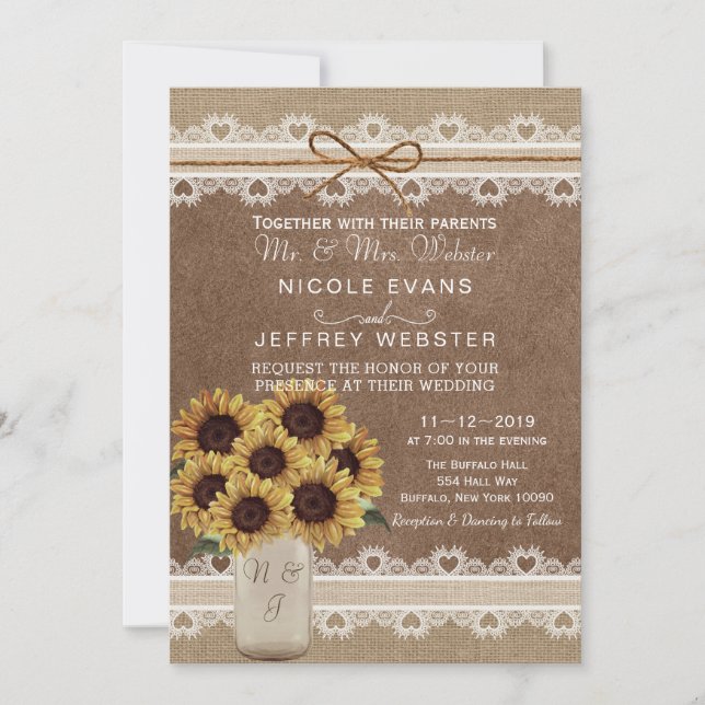 Invitation Rustic Country Grange Mariage Sunflower Mason Card (Devant)
