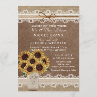 Invitation Rustic Country Grange Mariage Sunflower Mason Card