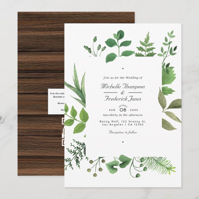 Invitation Rustic Country Grange Verdure QR Code RSVP Mariage (Devant / Derrière)