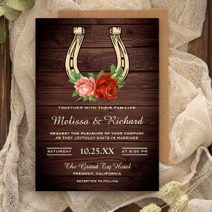 Invitation Rustic Country Grange Wood Floral Horseshoe Mariag