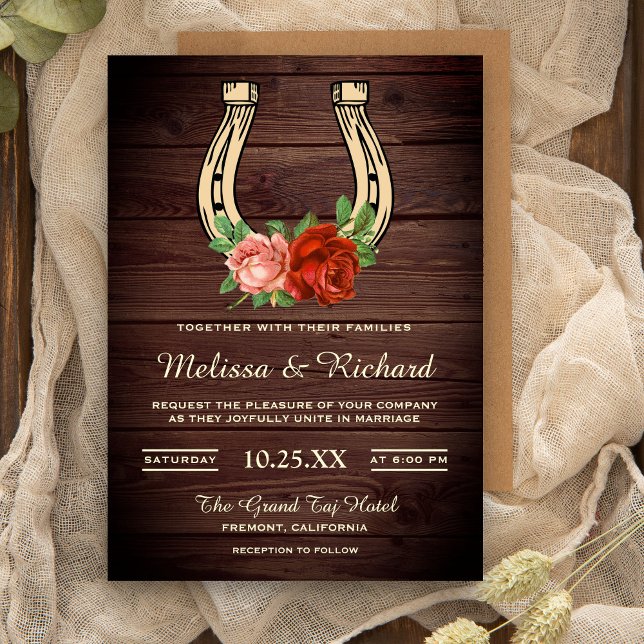 Invitation Rustic Country Grange Wood Floral Horseshoe Mariag (Créateur téléchargé)