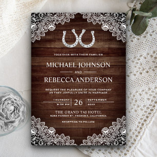 Invitation Rustic Country Grange Wood Horseshoe Lace Mariage