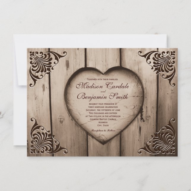 Invitation Rustic Country Heart Grange Wood Wedding Invitatio (Devant)