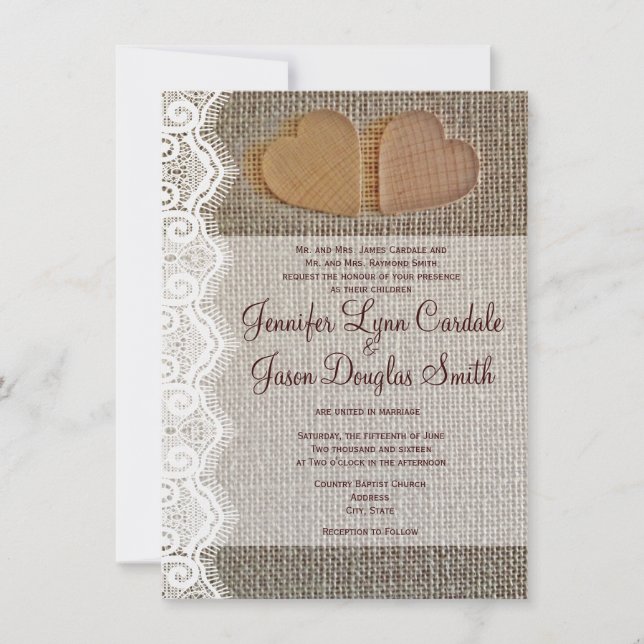 Invitation Rustic Country Hearts Burlap Lace Wedding Invite (Devant)