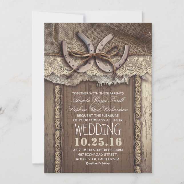 Invitation Rustic Country Horseshoe et Burlap Lace Mariage (Devant)